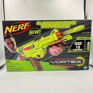 NEW Nerf Vortex Lumitron Glow‎ In Dark Disc Blaster NIB + 10 Glow Discs